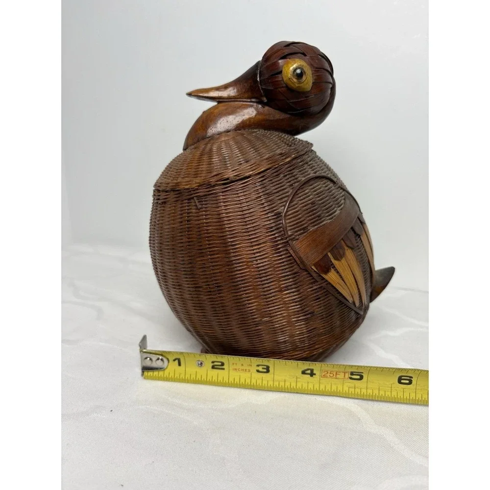 Vintage Wicker Bamboo Duck Basket with Lid Storage Trinket Hand Crafted Rare 40s
